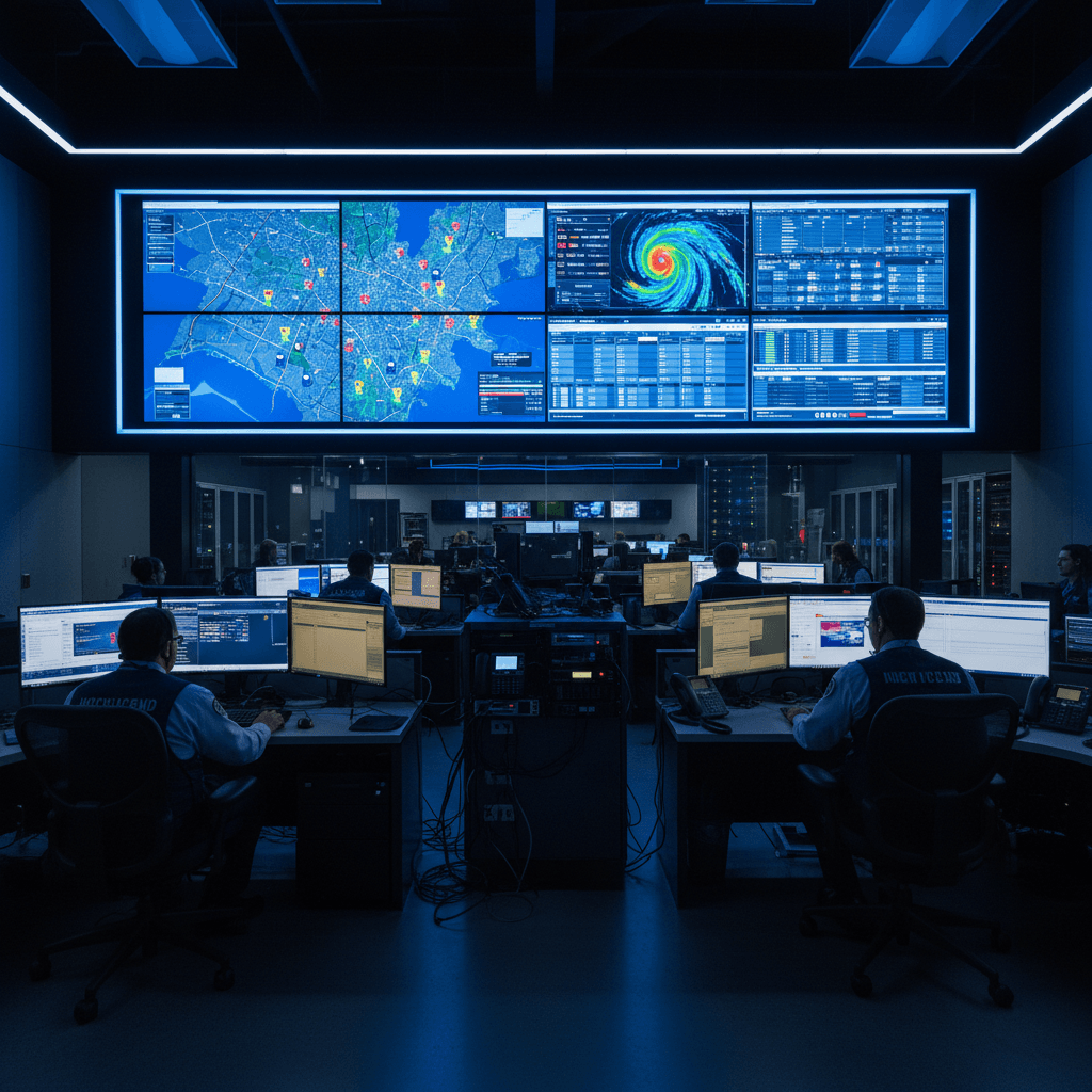 Emergency operations center with operators at desks and live map screens